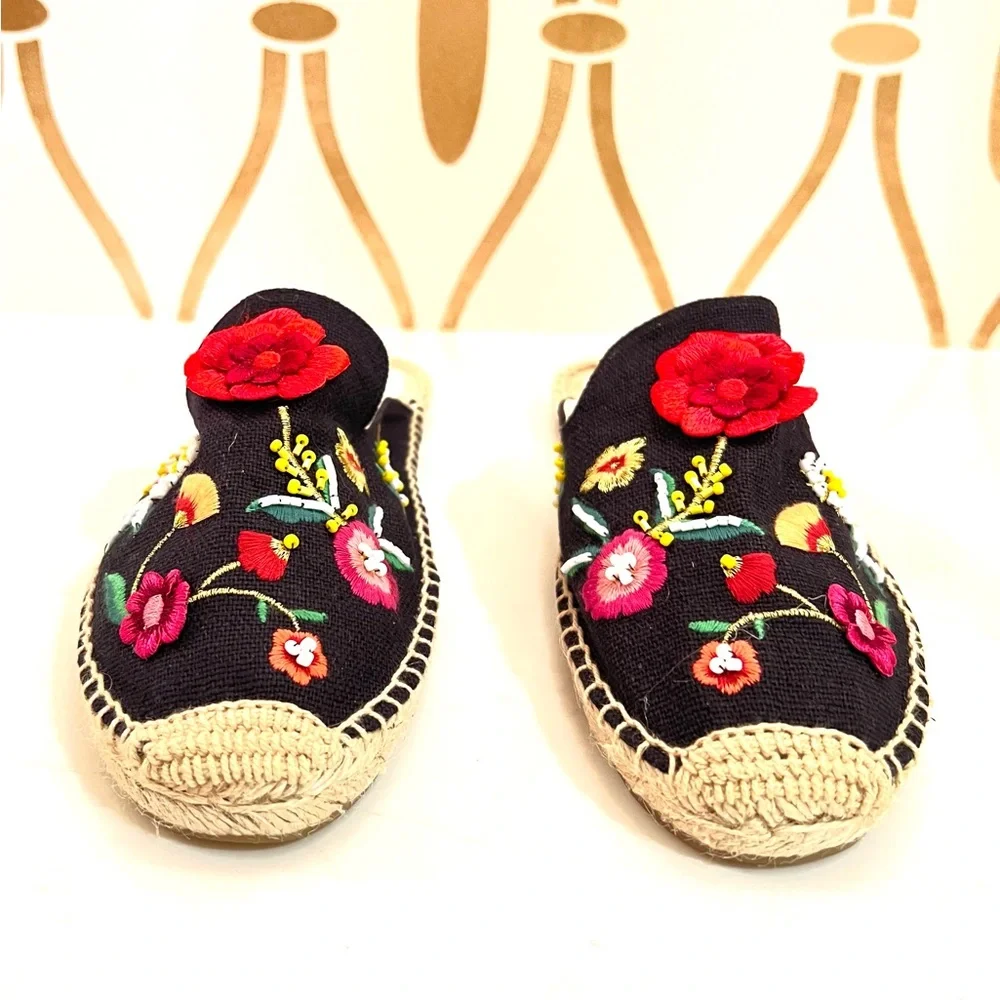Soludos Black Espadrilles with Colorful Floral Embroidery